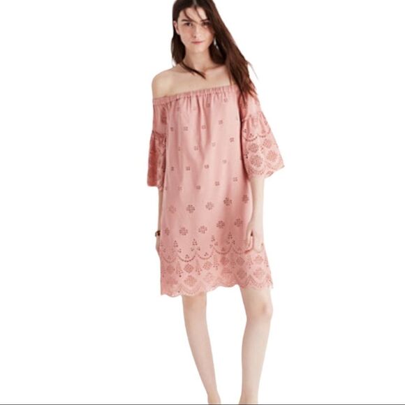MADEWELL Pink Eyelet Off-Shoulder Casual Dress | Size 0 - Picture 3 of 11